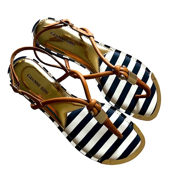 Gianni Bini Leather Navy Blue  & Gold Tong  Adjustable Ankle Strap Sandals 9.5 - Picture 1 of 16